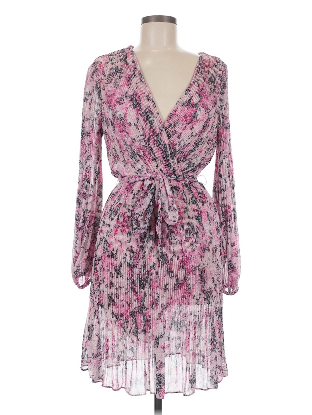 DKNY Pink Floral Long-Sleeve Wrap Dress with Tie Waist